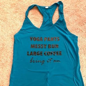 Yoga pants messy bun large coffee bring it on